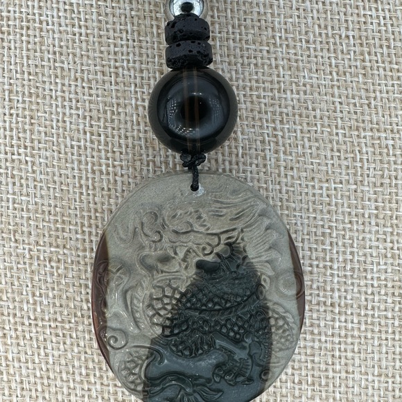 Black and Grey Polychrome Jasper Dragon Pendant Necklace on Beaded Cord - Picture 2 of 10